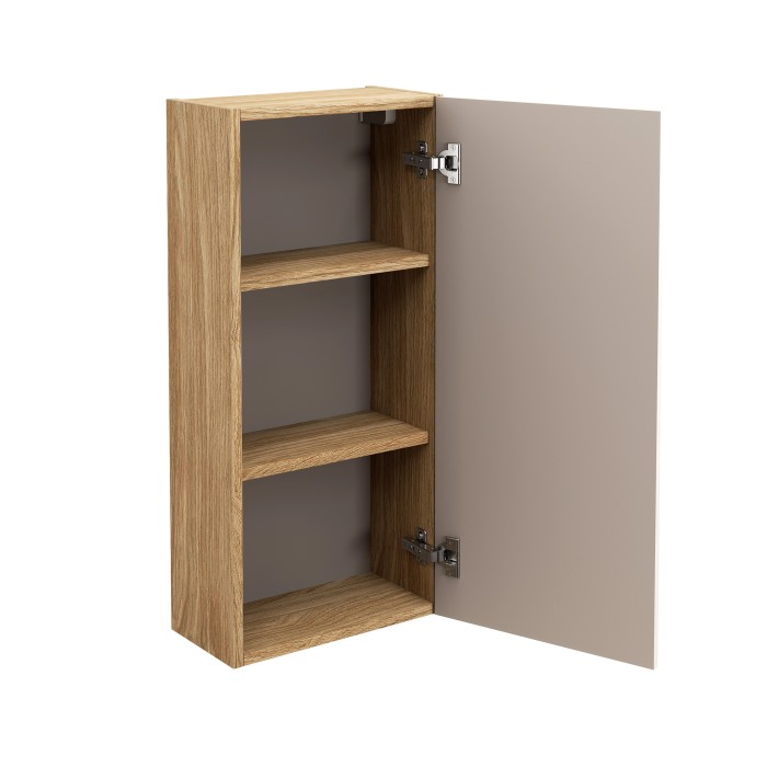 Meuble de rangement salle de bain VELNIA – 1 porte – 35 x 19 cm – Coloris chêne clair et beige – À suspendre 