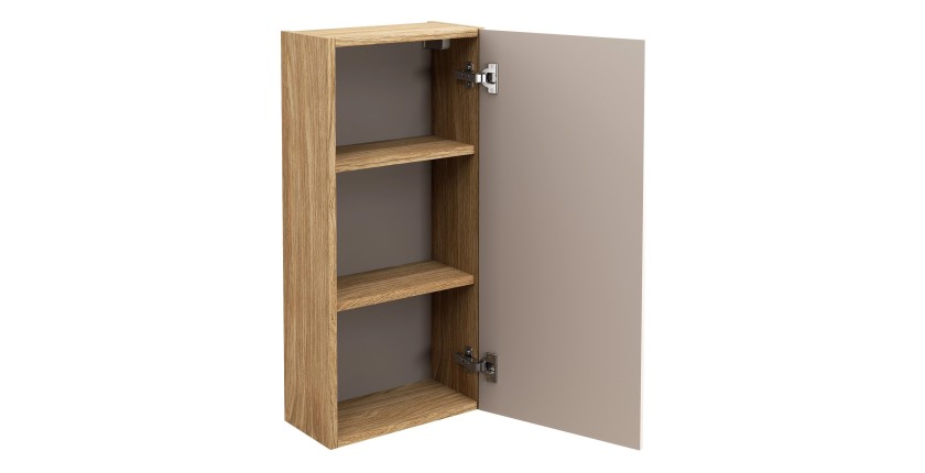 Meuble de rangement salle de bain VELNIA – 1 porte – 35 x 19 cm – Coloris chêne clair et beige – À suspendre 