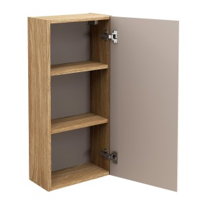 Meuble de rangement salle de bain VELNIA – 1 porte – 35 x 19 cm – Coloris chêne clair et beige – À suspendre 