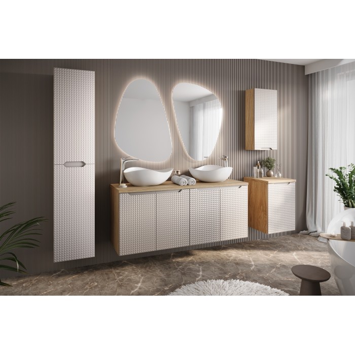 Meuble de rangement salle de bain VELNIA – 1 porte – 35 x 19 cm – Coloris chêne clair et beige – À suspendre 