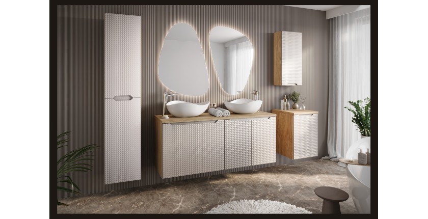Meuble de rangement salle de bain VELNIA – 1 porte – 35 x 19 cm – Coloris chêne clair et beige – À suspendre 