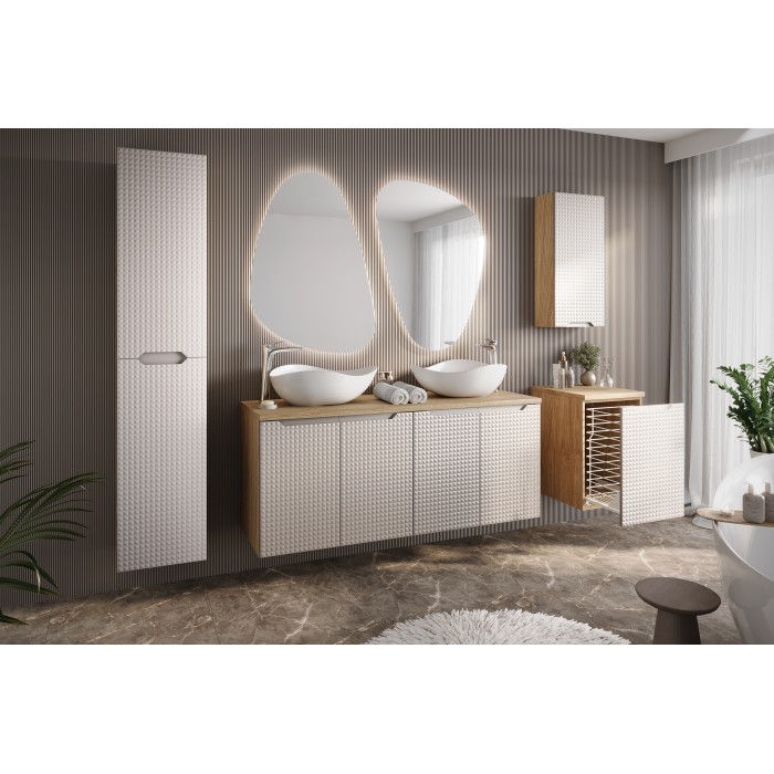 Meuble de rangement salle de bain VELNIA – 1 porte – 35 x 19 cm – Coloris chêne clair et beige – À suspendre 