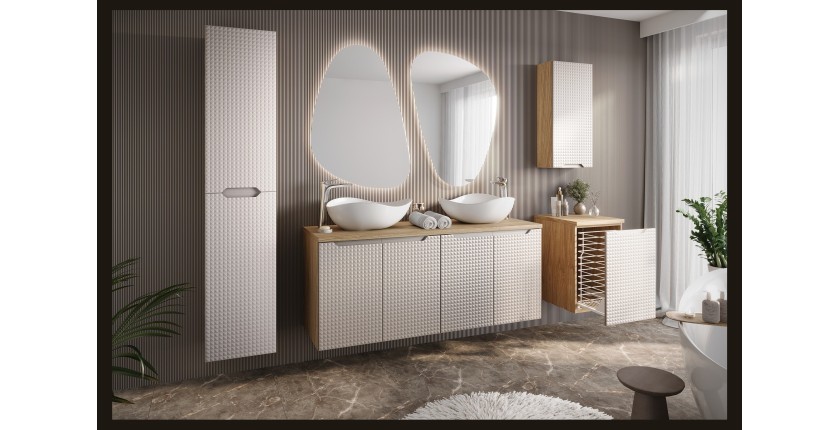 Meuble de rangement salle de bain VELNIA – 1 porte – 35 x 19 cm – Coloris chêne clair et beige – À suspendre 