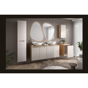 Meuble de rangement salle de bain VELNIA – 1 porte – 35 x 19 cm – Coloris chêne clair et beige – À suspendre 