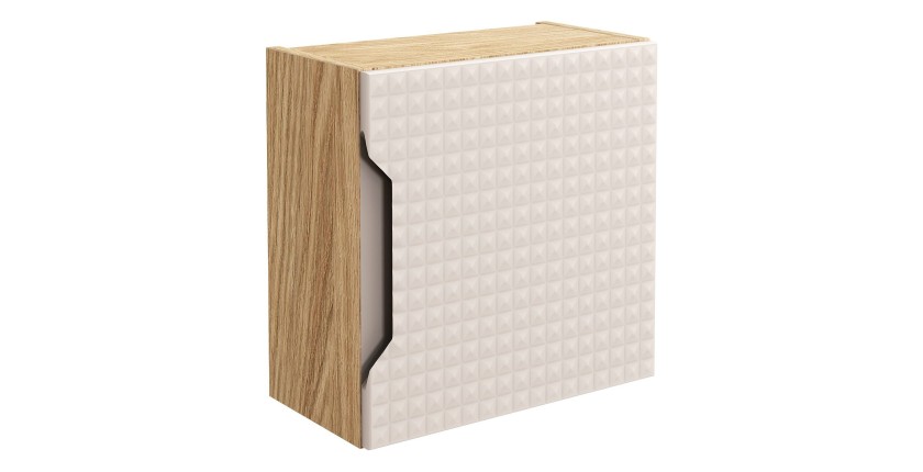 Meuble de rangement salle de bain VELNIA – 1 porte – 35 x 19 cm – Coloris chêne clair et beige – À suspendre 