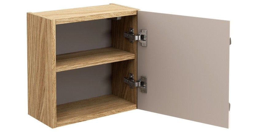 Meuble de rangement salle de bain VELNIA – 1 porte – 35 x 19 cm – Coloris chêne clair et beige – À suspendre 