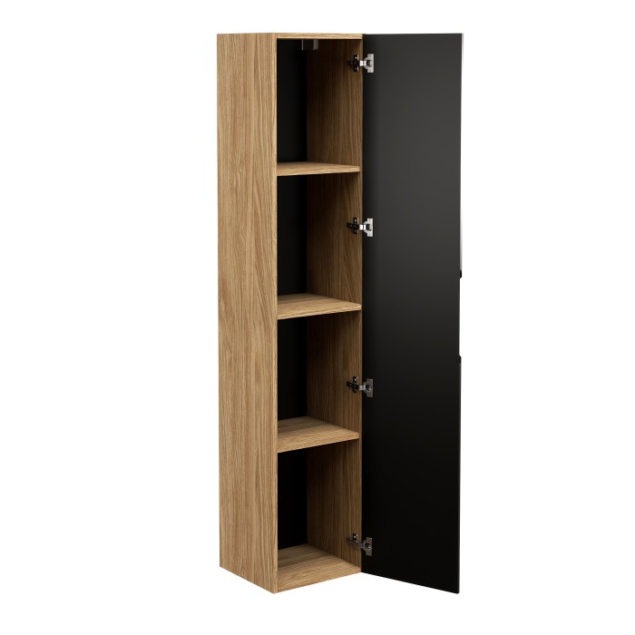 Colonne de salle de bain VELNIA – 1 porte – H170 cm – Coloris chêne clair et noir – À suspendre 