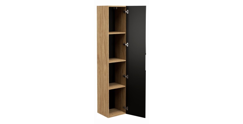 Colonne de salle de bain VELNIA – 1 porte – H170 cm – Coloris chêne clair et noir – À suspendre 