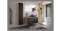 Colonne de salle de bain VELNIA – 1 porte – H170 cm – Coloris chêne clair et noir – À suspendre 