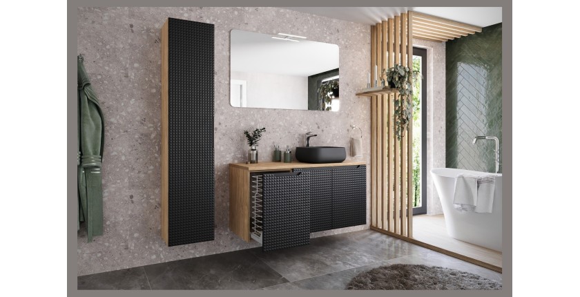 Colonne de salle de bain VELNIA – 1 porte – H170 cm – Coloris chêne clair et noir – À suspendre 