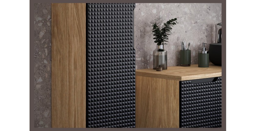 Colonne de salle de bain VELNIA – 1 porte – H170 cm – Coloris chêne clair et noir – À suspendre 