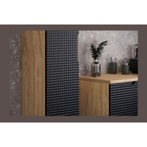 Colonne de salle de bain VELNIA – 1 porte – H170 cm – Coloris chêne clair et noir – À suspendre 