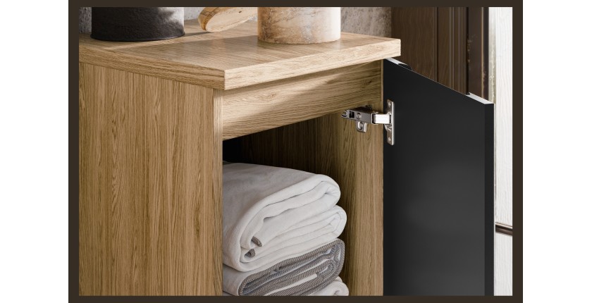 Meuble sous vasque VELNIA – 1 porte – 30 cm – Coloris chêne clair et noir – À suspendre 