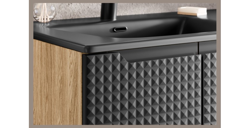 Meuble sous vasque VELNIA – 2 tiroirs – 60 cm – Coloris chêne clair et noir – À suspendre 