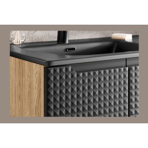Meuble sous vasque VELNIA – 2 tiroirs – 60 cm – Coloris chêne clair et noir – À suspendre 