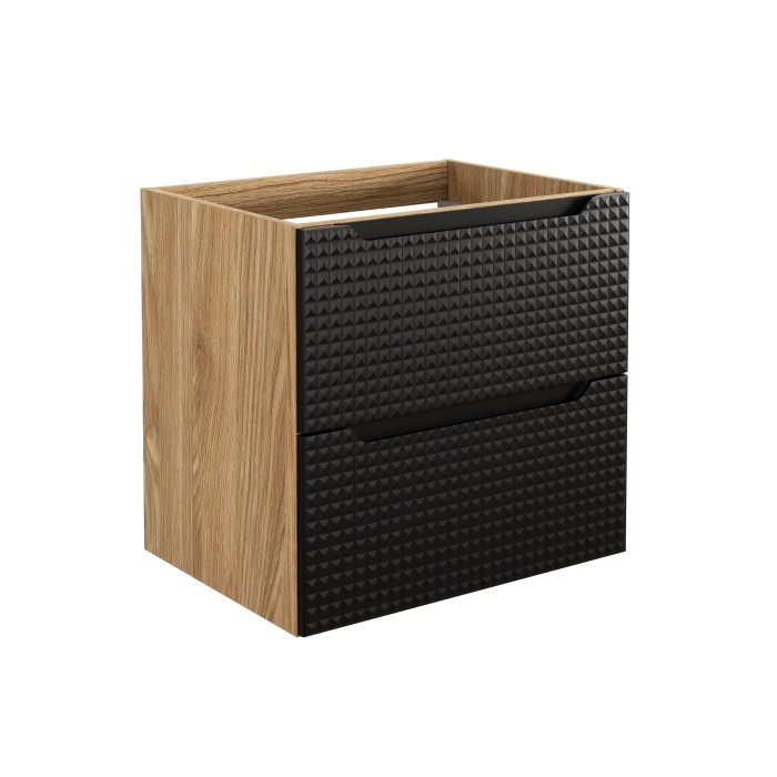 Meuble sous vasque VELNIA – 2 tiroirs – 60 cm – Coloris chêne clair et noir – À suspendre 