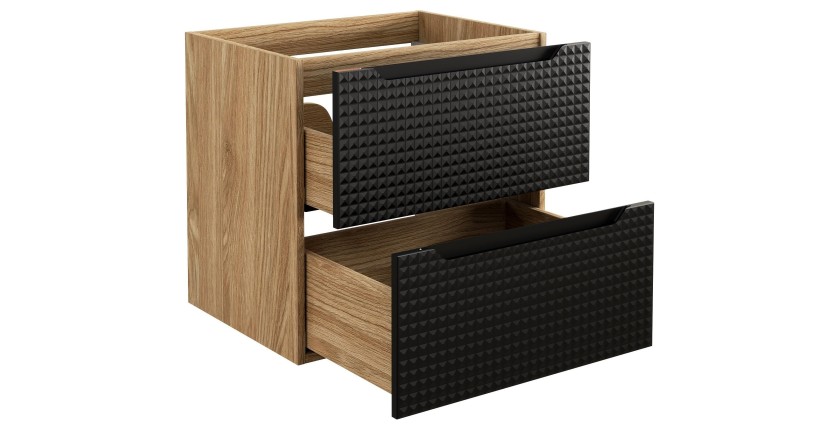 Meuble sous vasque VELNIA – 2 tiroirs – 60 cm – Coloris chêne clair et noir – À suspendre 
