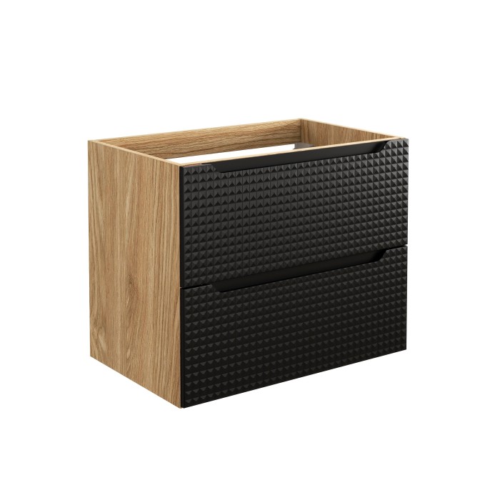 Meuble sous vasque VELNIA – 2 tiroirs – 70 cm – Coloris chêne clair et noir – À suspendre 