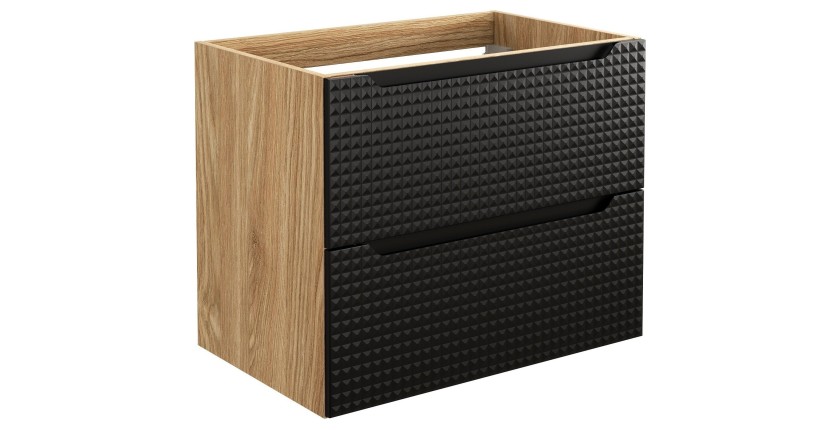 Meuble sous vasque VELNIA – 2 tiroirs – 70 cm – Coloris chêne clair et noir – À suspendre 