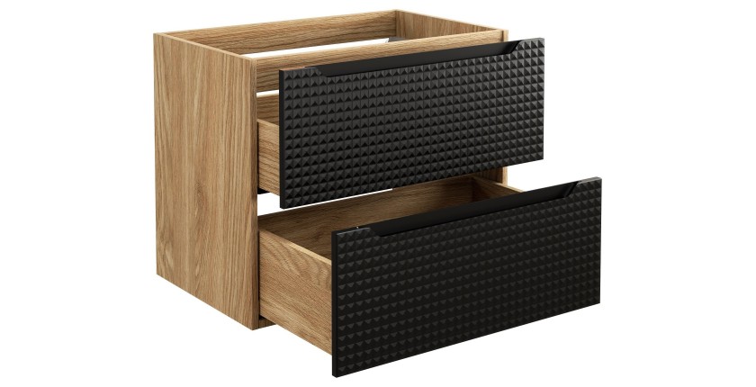 Meuble sous vasque VELNIA – 2 tiroirs – 70 cm – Coloris chêne clair et noir – À suspendre 