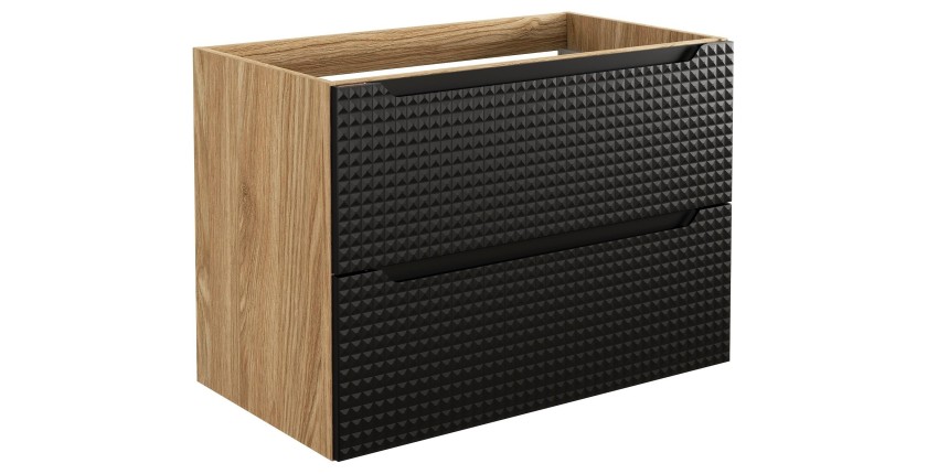 Meuble sous vasque VELNIA – 2 tiroirs – 80 cm – Coloris chêne clair et noir – À suspendre 
