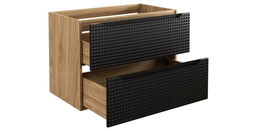 Meuble sous vasque VELNIA – 2 tiroirs – 80 cm – Coloris chêne clair et noir – À suspendre 