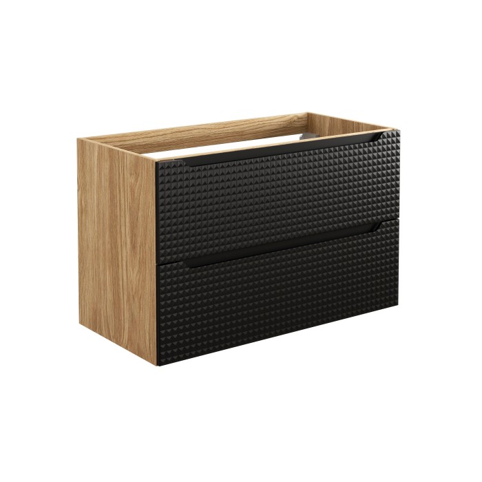 Meuble sous vasque VELNIA – 2 tiroirs – 90 cm – Coloris chêne clair et noir – À suspendre 