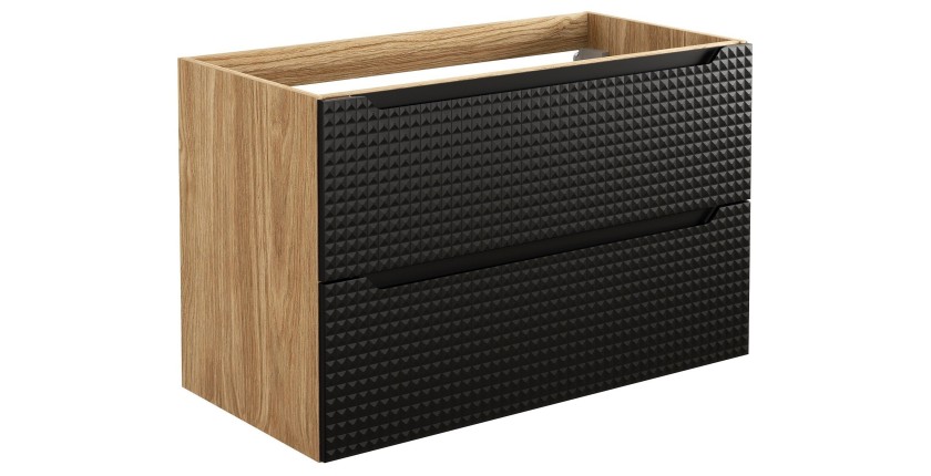 Meuble sous vasque VELNIA – 2 tiroirs – 90 cm – Coloris chêne clair et noir – À suspendre 