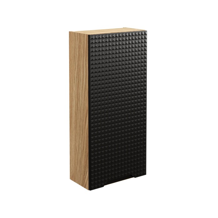 Meuble de rangement salle de bain VELNIA – 1 porte – 35 cm – Coloris chêne clair et noir – À suspendre 