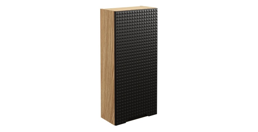 Meuble de rangement salle de bain VELNIA – 1 porte – 35 cm – Coloris chêne clair et noir – À suspendre 