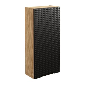 Meuble de rangement salle de bain VELNIA – 1 porte – 35 cm – Coloris chêne clair et noir – À suspendre 