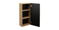 Meuble de rangement salle de bain VELNIA – 1 porte – 35 cm – Coloris chêne clair et noir – À suspendre 