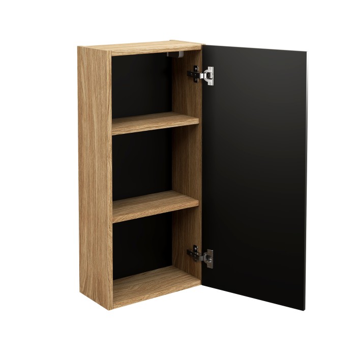 Meuble de rangement salle de bain VELNIA – 1 porte – 35 cm – Coloris chêne clair et noir – À suspendre 