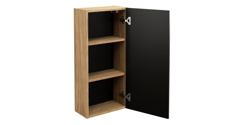Meuble de rangement salle de bain VELNIA – 1 porte – 35 cm – Coloris chêne clair et noir – À suspendre 