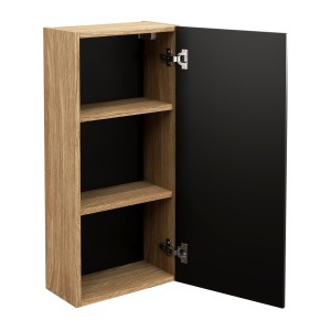 Meuble de rangement salle de bain VELNIA – 1 porte – 35 cm – Coloris chêne clair et noir – À suspendre 