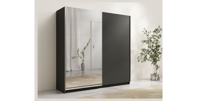 Armoire ARSALA 150 cm gris graphite avec miroir – 2 portes coulissantes