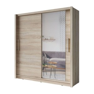 Armoire OZZULA 204 cm chêne clair avec miroir – 2 portes coulissantes