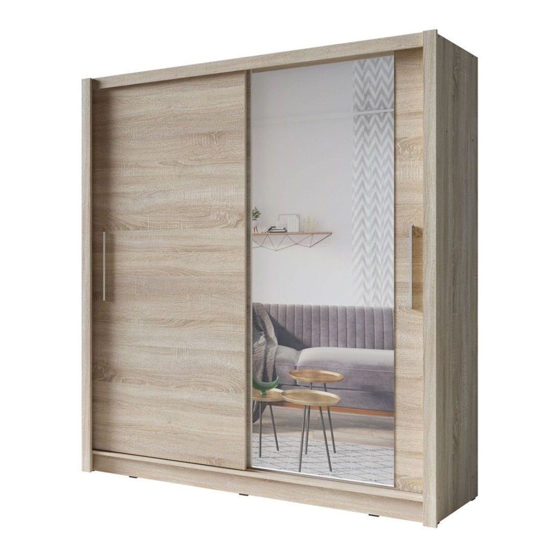 Armoire OZZULA 204 cm chêne clair avec miroir – 2 portes coulissantes