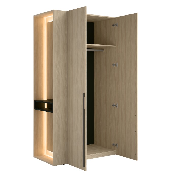 Armoire SORIA 204 cm chêne et noir avec miroir LED et niche – 2 portes battantes