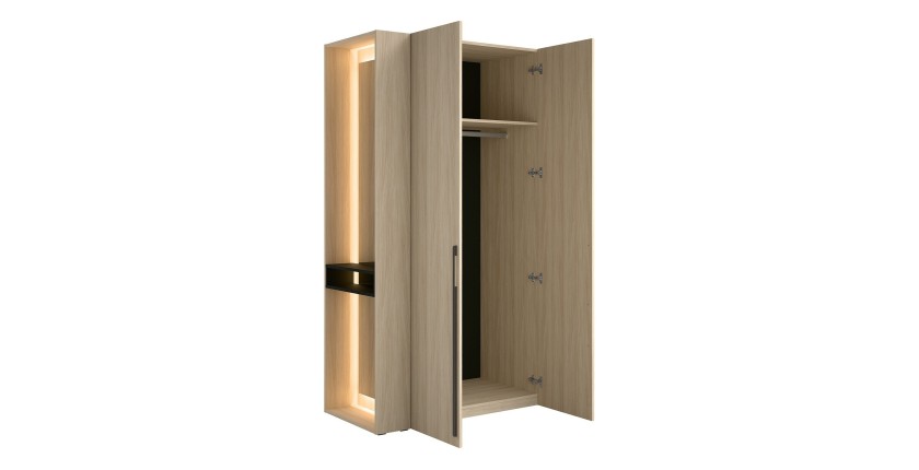 Armoire SORIA 204 cm chêne et noir avec miroir LED et niche – 2 portes battantes