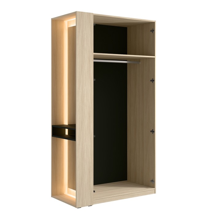 Armario SORIA 110 cm roble y negro con espejo LED y nicho – 2 puertas batientes