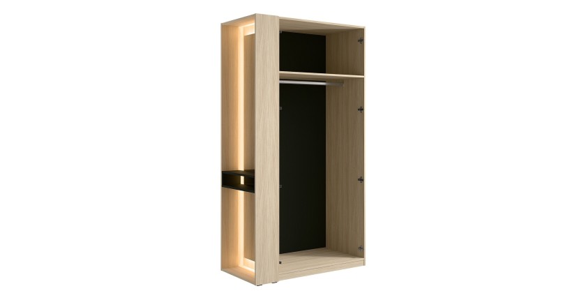 Armoire SORIA 204 cm chêne et noir avec miroir LED et niche – 2 portes battantes