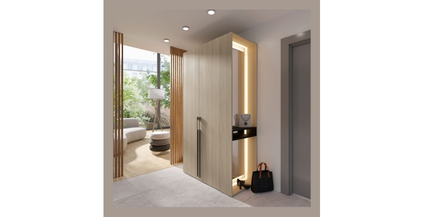 Armoire SORIA 204 cm chêne et noir avec miroir LED et niche – 2 portes battantes
