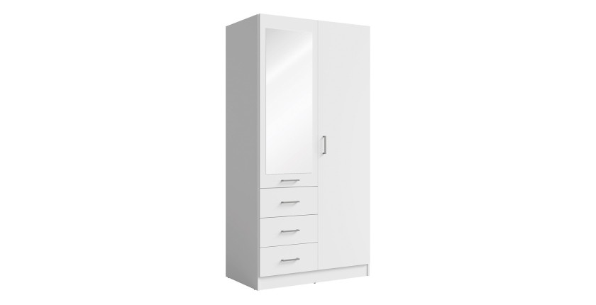 Armoire KALISTA 101 cm blanc mat avec miroir et 3 tiroirs – 2 portes battantes