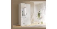 Armoire KALISTA 101 cm blanc mat avec miroir et 3 tiroirs – 2 portes battantes