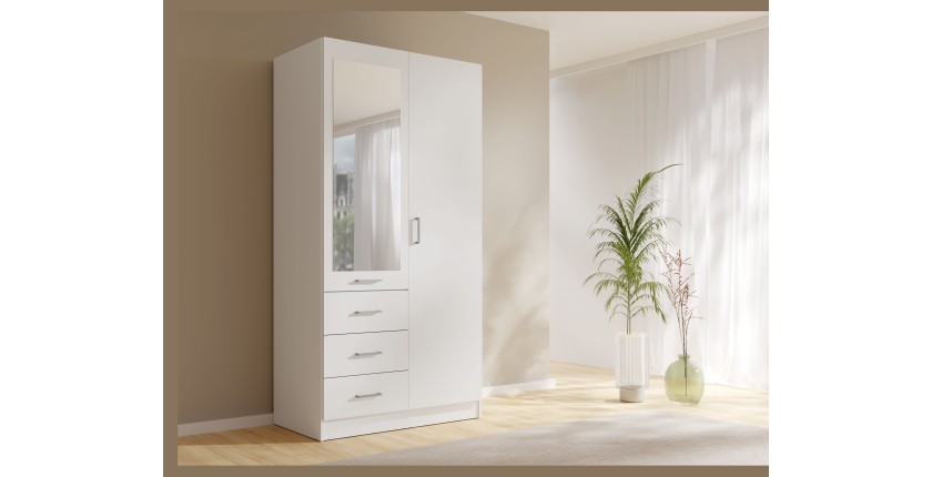 Armoire KALISTA 101 cm blanc mat avec miroir et 3 tiroirs – 2 portes battantes