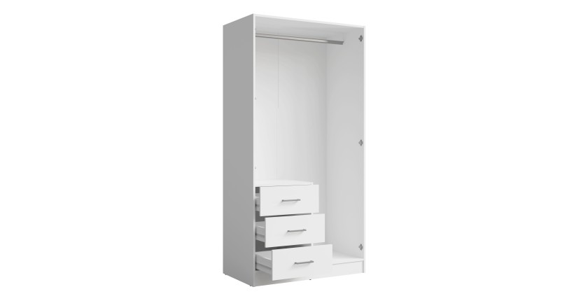 Armoire KALISTA 101 cm blanc mat avec miroir et 3 tiroirs – 2 portes battantes