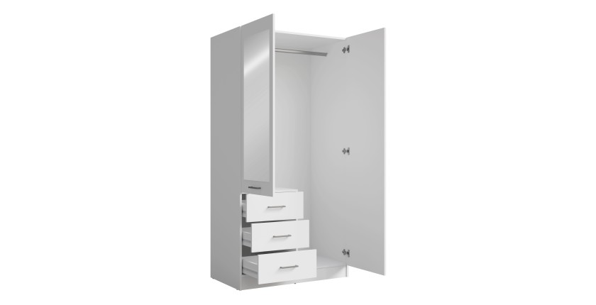 Armoire KALISTA 101 cm blanc mat avec miroir et 3 tiroirs – 2 portes battantes