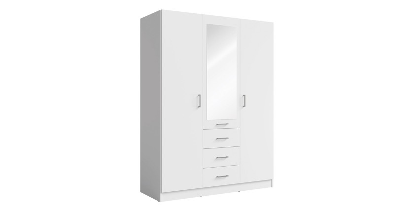 Armoire KALISTA 151 cm blanc mat avec miroir et 3 tiroirs – 3 portes battantes