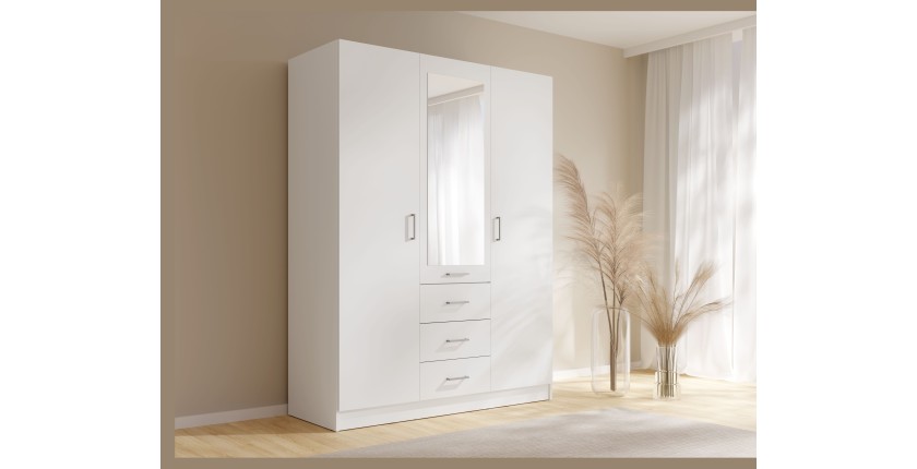 Armoire KALISTA 151 cm blanc mat avec miroir et 3 tiroirs – 3 portes battantes